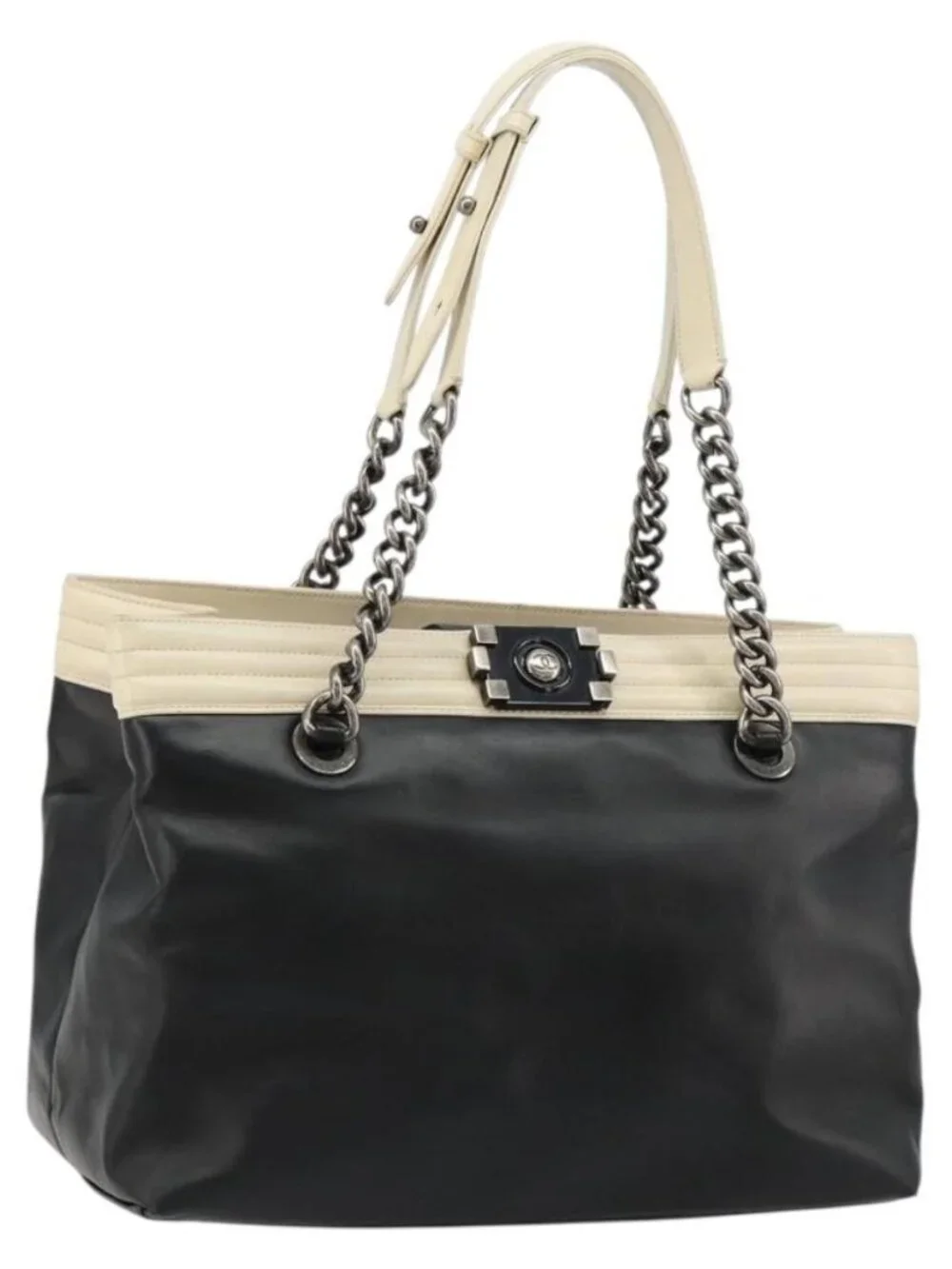 CHANEL Boy Chanel Chain Tote Bag Calf Skin Black Silver CC Auth bs35348